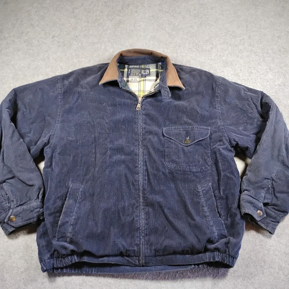Vintage Nautica Corduroy Jacket Mens Large Blue Leather Collar Plaid Quilt Lined